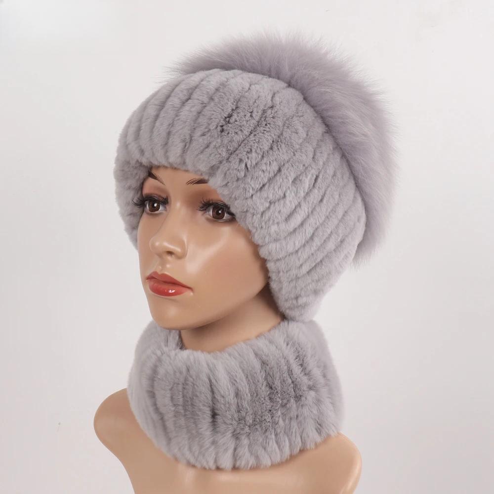 New Women Winter Luxury Real Rex Rabbit Fur Hat Scarf 2 Pieces Knitted Rex Rabbit Fur Hat Top Natural Fox Fur Cap Scarves Sets