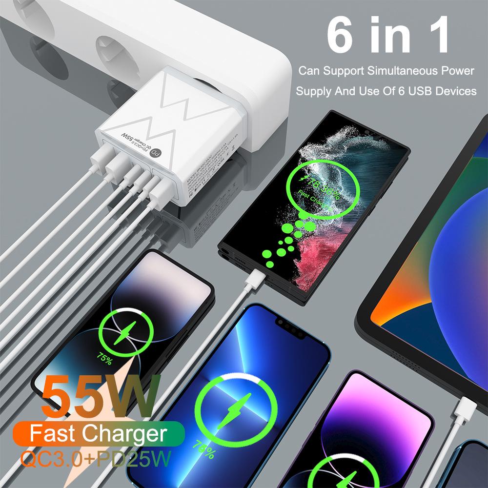 PD 25W 6-Port Fast Charger: 3 USB, 3 PD 55W with QC3.0 – EU, UK, AU Plugs