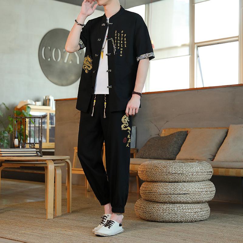 Мужская мода летний стиль повседневный китайский дракон вышитый костюм мужской высококачественный комплект из двух предметов плюс размер мужской комплект M чёрный
