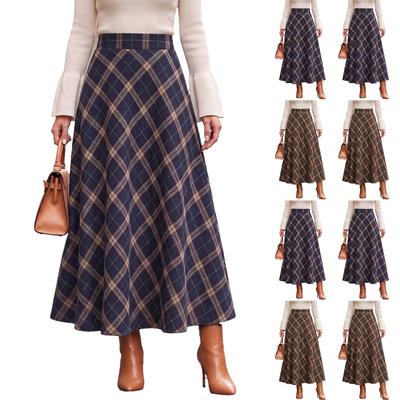 Women's Retro Wool Plaid Flared Long Skirt with Color Block Pattern