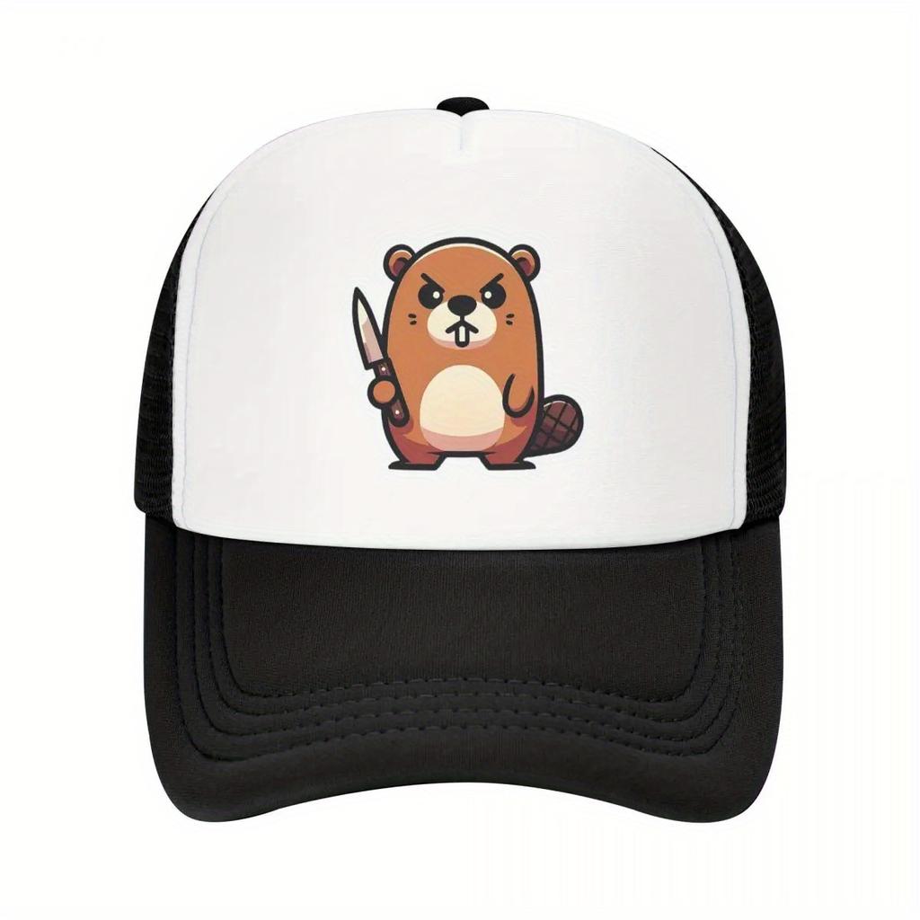 Angry Beaver With Knife Graphic Trucker Cap Polyester Mesh Baseball Hat Adjustable Casual Unisex Headwear