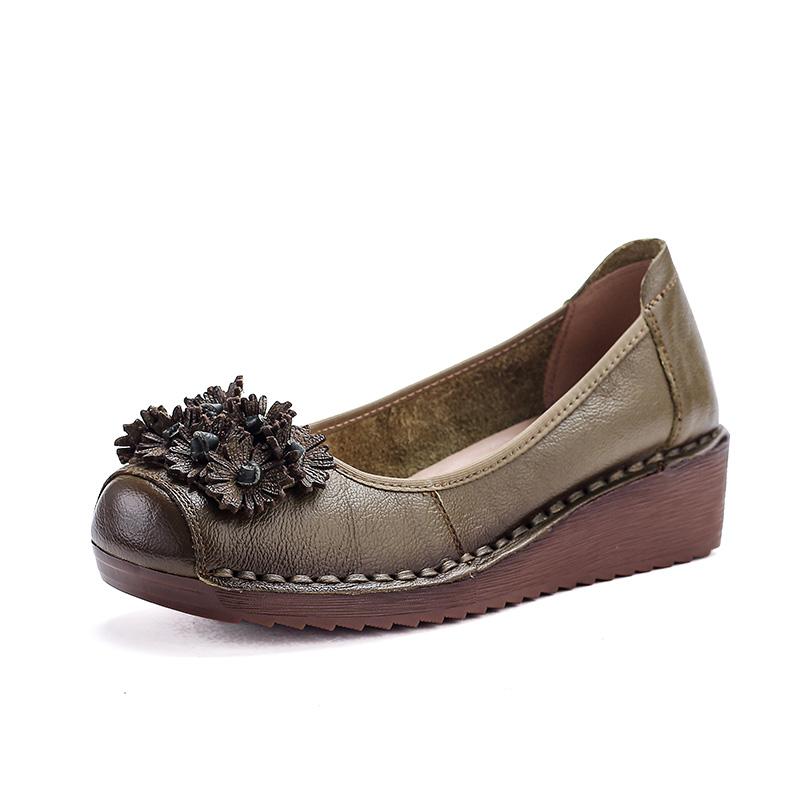 Fashion Handmade Vintage Wedged Shoes for Mature Ladies Genuine Leather Ballet Flats Woman Slip On Easy Fit Shoes Elderly Woman Moccasin