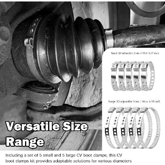 10PCS CV Boot Clamps Tool Kit Stainless Steel,Adjustable CV Axle Boot Clamp with Small & Large Hose Clamp,Universal Rack and Pinion Boots Clamps for