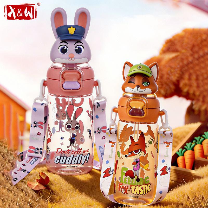 X&W For Zootopia Plastic Water Bottle Cartoon Judy Nick Double Drinking Cup Leak-proof Straw Cups Summer Cold Drink Sports Cups