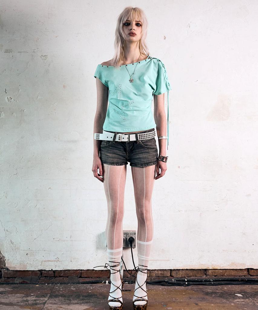 Nasnoing One Shoulder Lace Up Top (Mint)