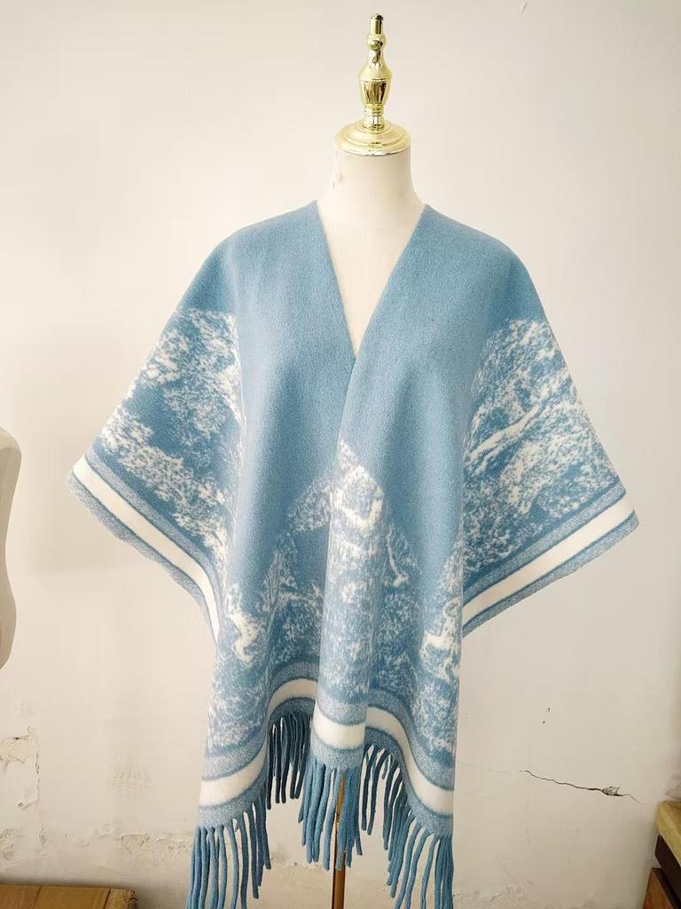 Elegant Ethnic Ink Painting Cape Shawl with Tassels - Versatile Travel Scarf Cloak