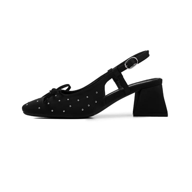 Black square head single shoes women's new satin rhinestone bow leather one-word buckle thick heel bag head sandals