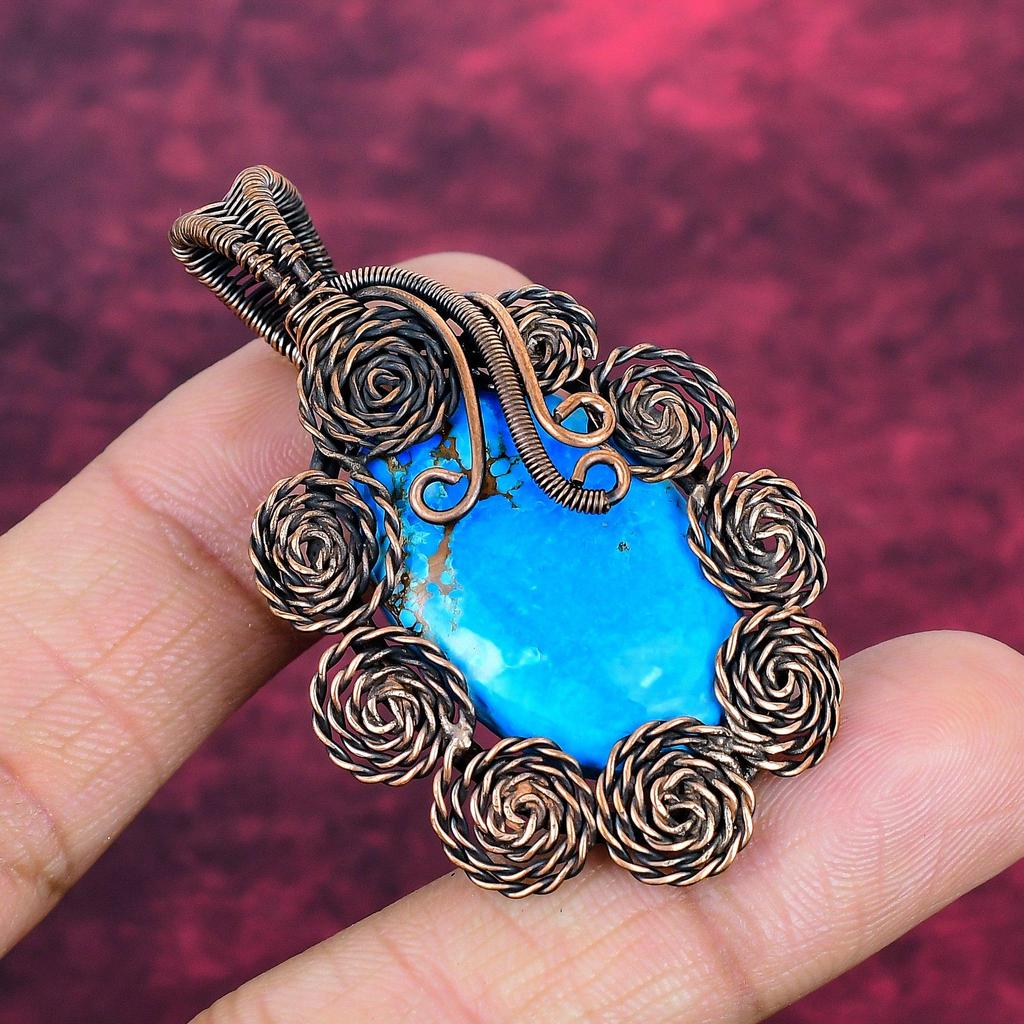 Tibetan Turquoise Gemstone Pendant Flower Pendant Copper Wire Wrapped Jewelry
