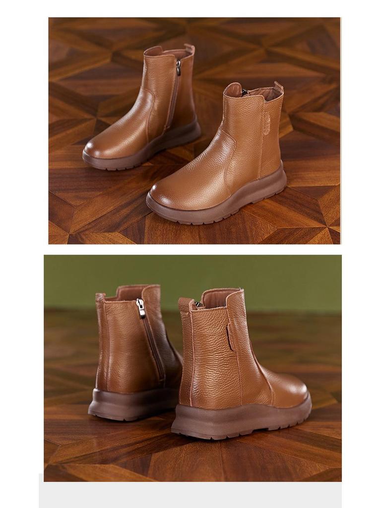 Women's Thick Sole Genuine Leather Martin Boots - Wool-Lined for Autumn/Winter