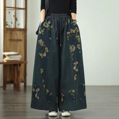 Plus size Vintage kwiatowy wysoki stan casual luźne Kobiety wiosna jesień jeansy denim szeroka nogawka Spodnie