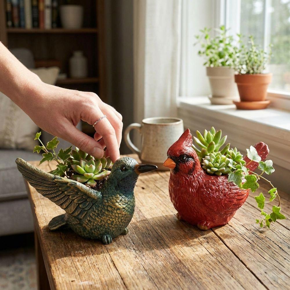 Resin Lively Bird Plant Pot Hummingbirds with Drainage Hole Bird Shaped Planter Wide Opening Wear-resistant Succulent Pot