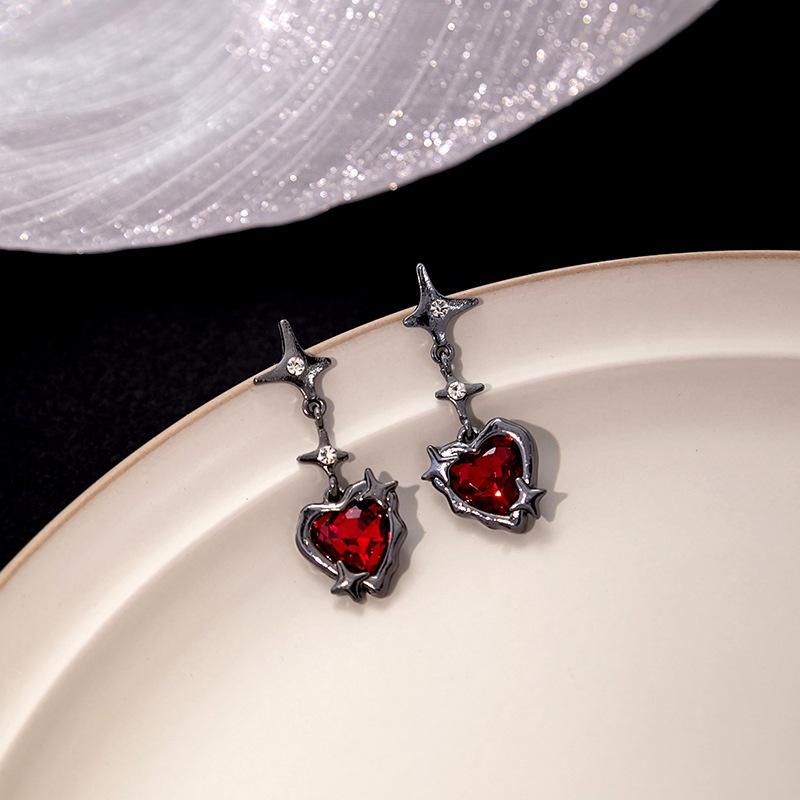Dark Red Zircon Four-Pointed Star Heart Shaped Diamond Accented Crinkle Earrings Stud Dangle Earrings