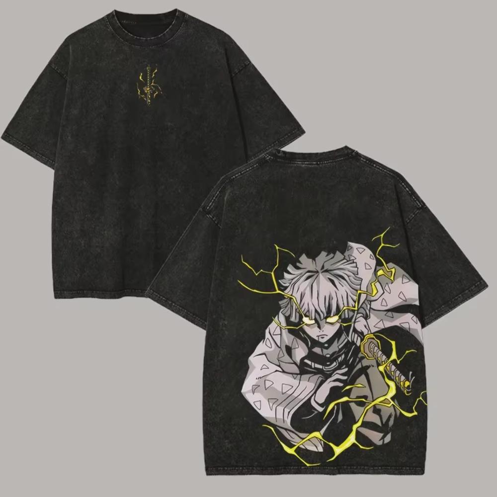 Zenitsu Demon Slayer Graphic T-Shirt Cartoon Vintage Wash Oversize T-Shirt Men's Women'sClothing Cotton Soft Semi-Retail T-Shirt