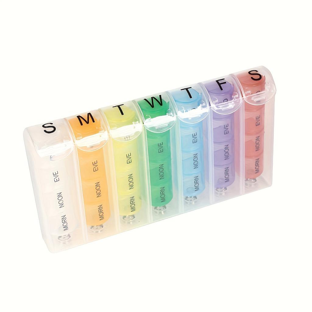 Weekly Rainbow Pill Box 28 Grids 4 Times A Day Portable Pill Organizer Spring Assisted Easy to Open for Vitamins and Supplements