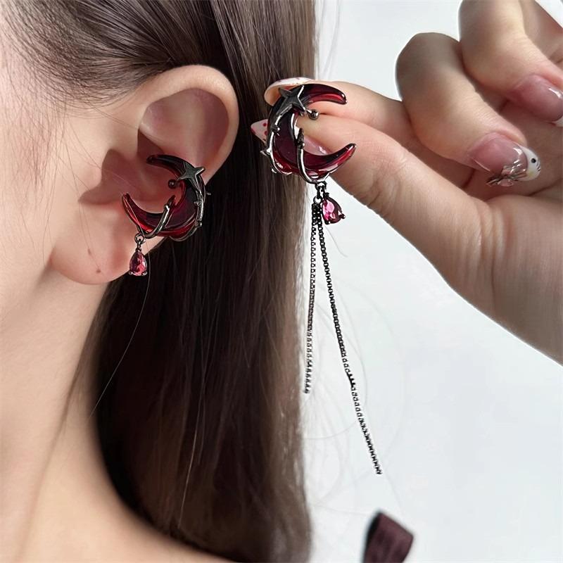 Fashion Gothic Style Asymmetry Red Moon Rose Earrings For Women Punk Japanese Y2K Style Crystal Drop Pendant Earrings Jewelry