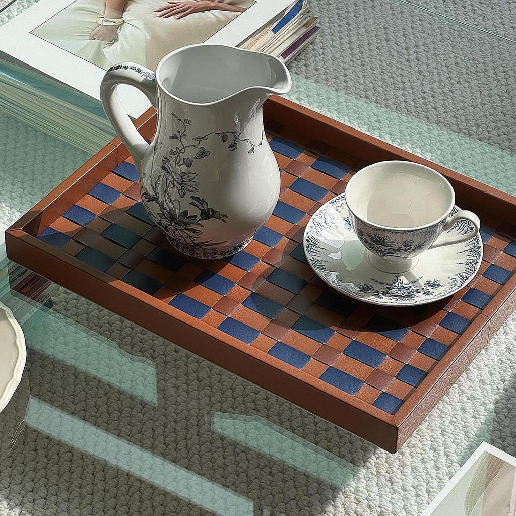 Checkerboard Leather Tray Centerpieces Jewelry Trinket Dish Farmhouse Modern Snack Bread Food