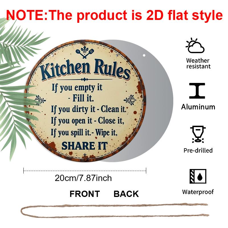 2D Flat Aluminum Rustic Farmhouse Kitchen Decor Round Metal Sign, Cute Family Manners Sign for Mom, Wife, Housewarming Gift, Pre-Drilled Holes for