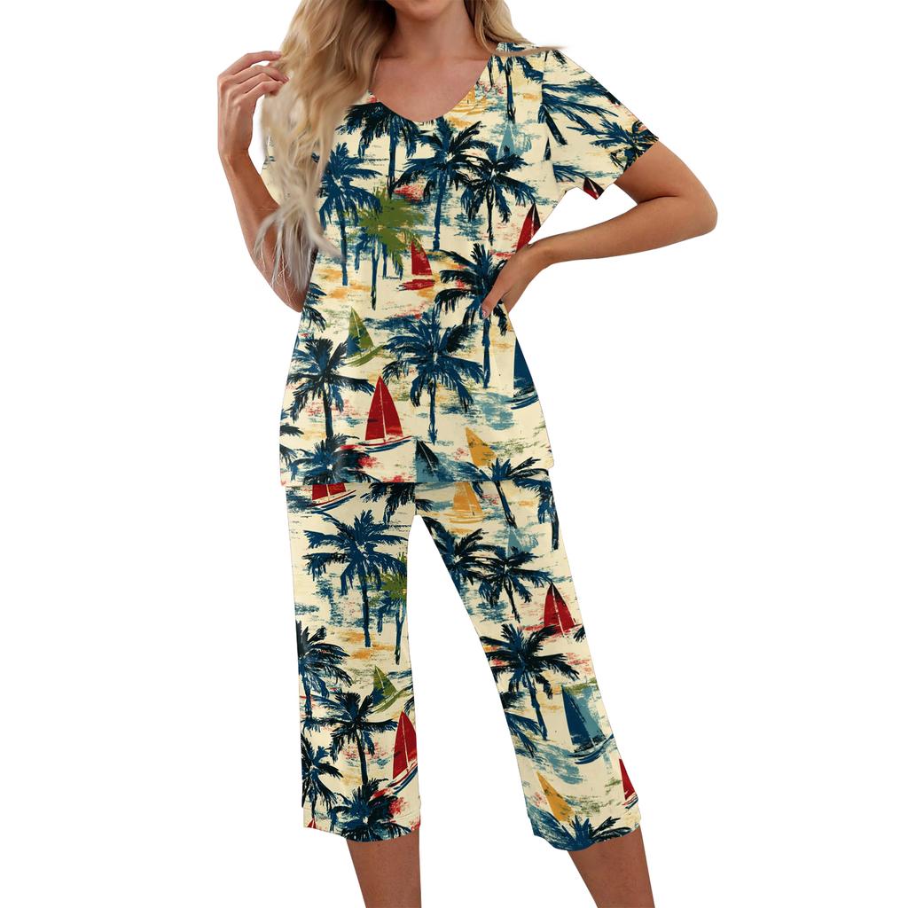 2 Piece Sets For Women Short Sleeve Top And Pants With Pockets Workout Soft Print Sets