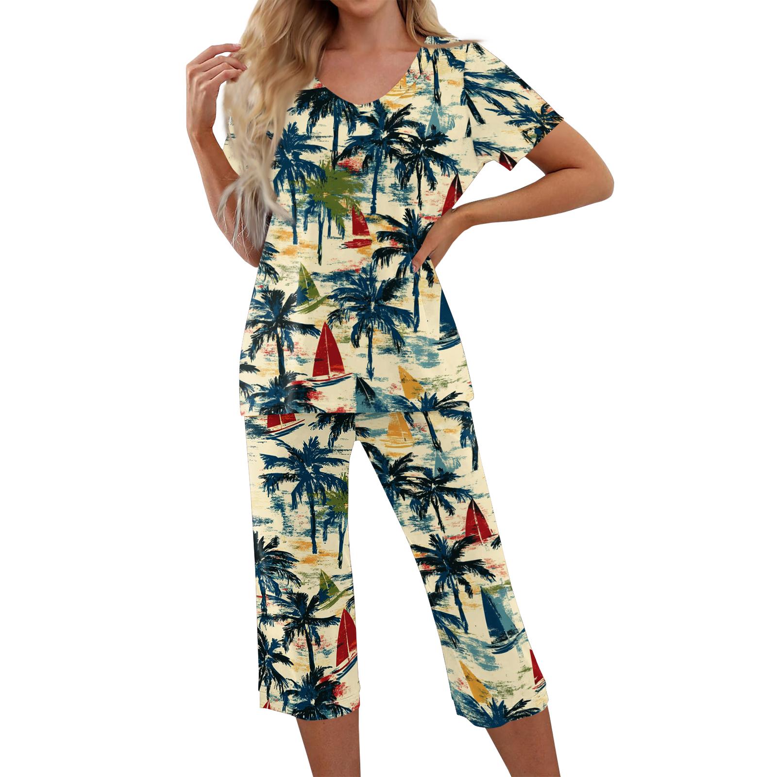 

Комплекты из 2 предметов для женщин: топ с коротким рукавом и брюки с карманами, мягкие тренировочные комплекты с принтом L синий