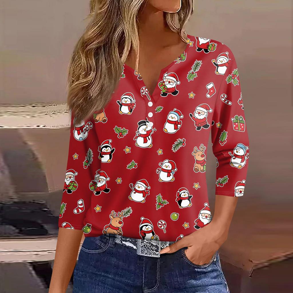 Women's Casual Christmas Print V-Neck 3/4 Sleeve Button T-Shirt