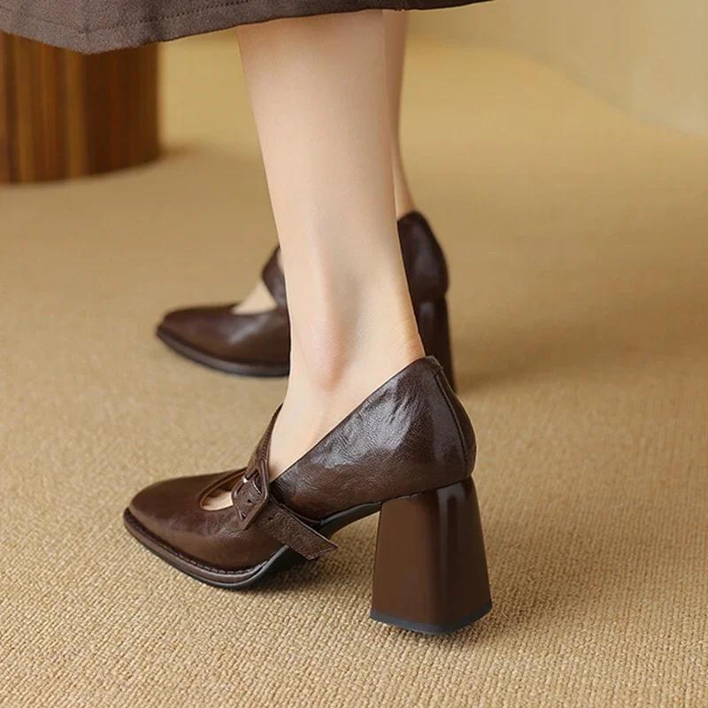 Mode NEU Frühling/Herbst Damen Pumps Echtes Leder Schuhe für Damen Eckige Zehenpartie Klobiger Absatz Damen Pumps Schnürschuhe Hoher Absatz Mary Janes