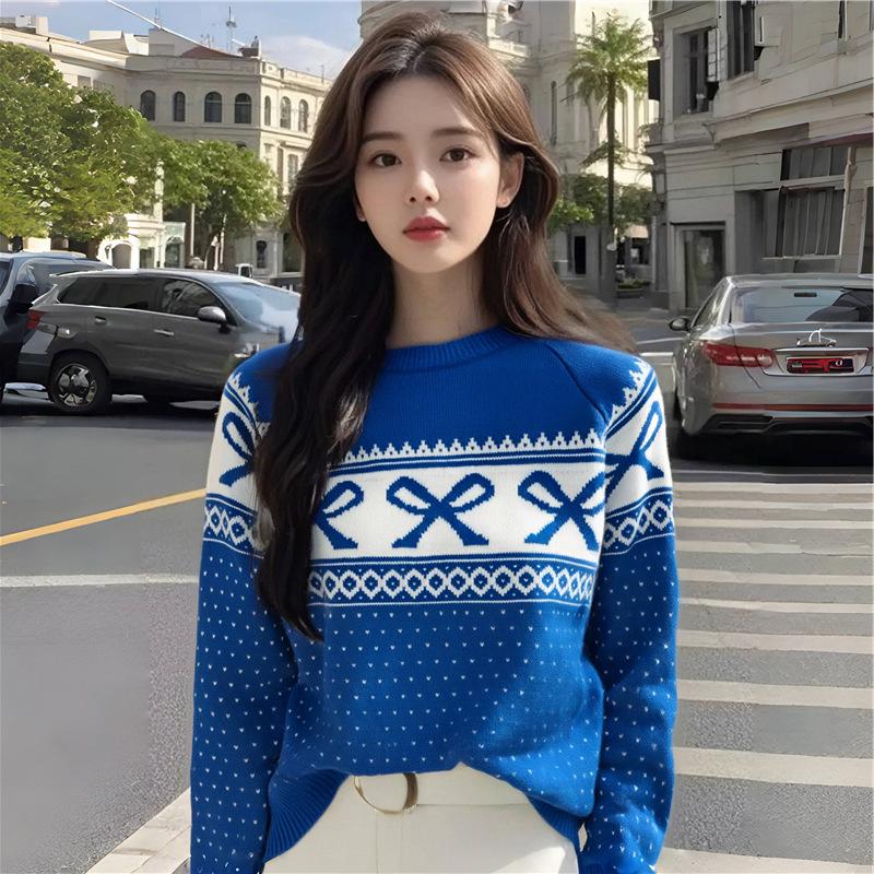 New Arrival: Women's Soft Knit Bow Jacquard Sweater with Round Neck and Long Sleeves