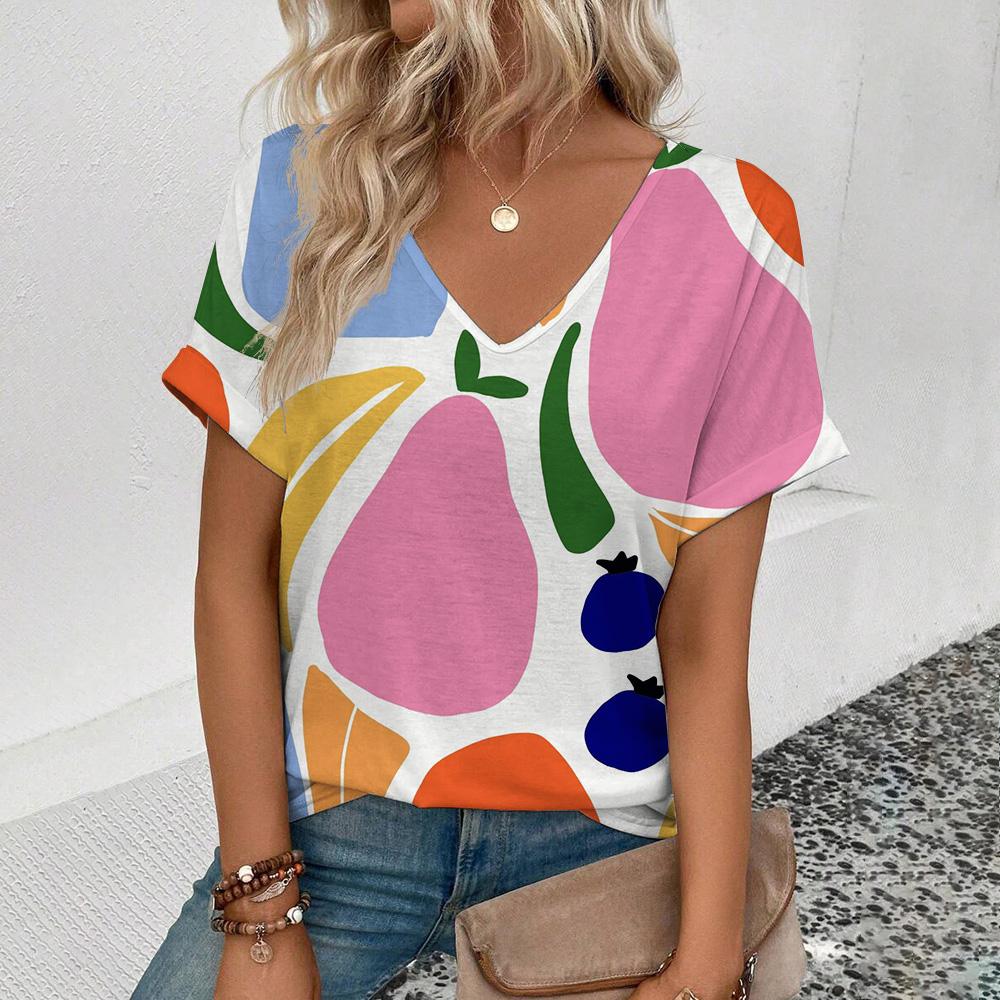 elegant women's v-neck t-Shirt fashion  funny fruit pattern print t-Shirt popular short sleeve t-Shirt summer leisure t-Shirt