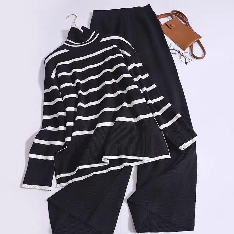 

2025 Striped Knitted Two-Piece Set: High Neck Sweater & Loose Casual Long Sleeve Women s Outfit One Size чорний