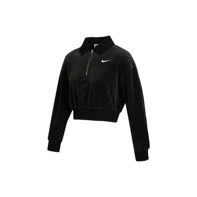 Sportswear Corduroy Half-Zip Embroidered Logo Short Cropped Long-Sleeve Sweatshirt Women Tops Black DQ5939-010