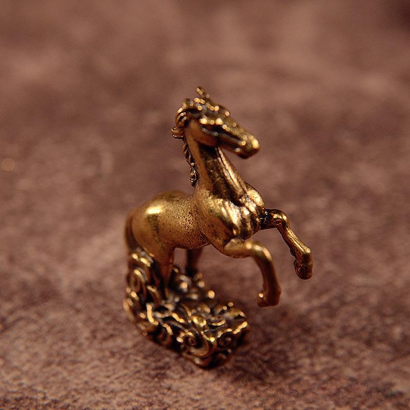 Brass Horse Statue Cloud Base Antique Luck Decor Feng Shui Success Desk Ornament Zodiac Animal Collectible Zodiac Collectible