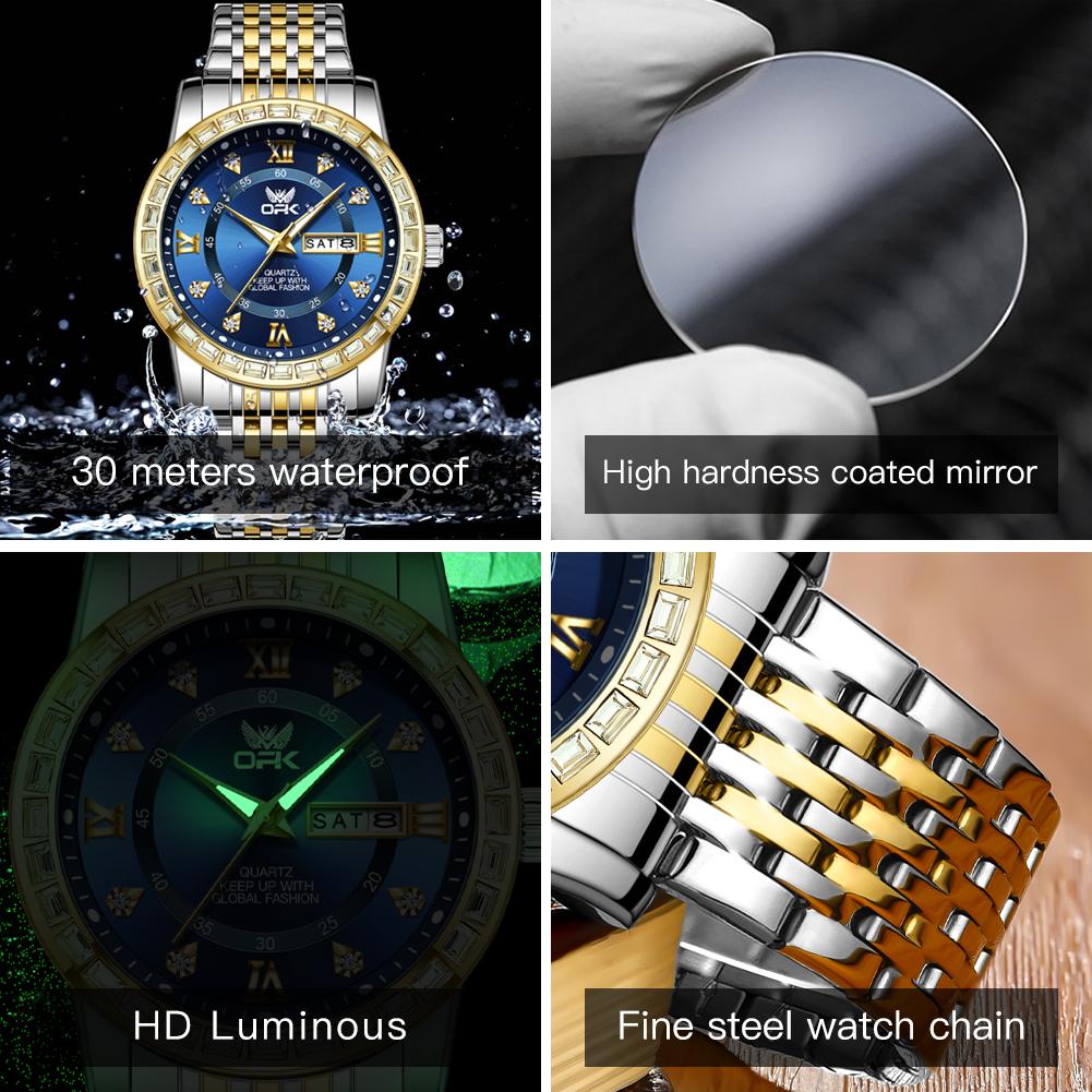 OPK Dual Calendar Luxury Quartz Watch For Men Diamond Roman Scale Business Hand Clock Waterproof Fashion Original Man Watch
