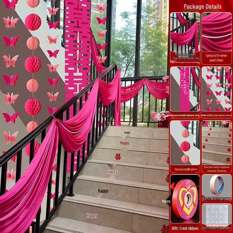 Chinese Wedding Double Happiness Stair Decor Set - Stickers, Flowers, Banners, Lanterns