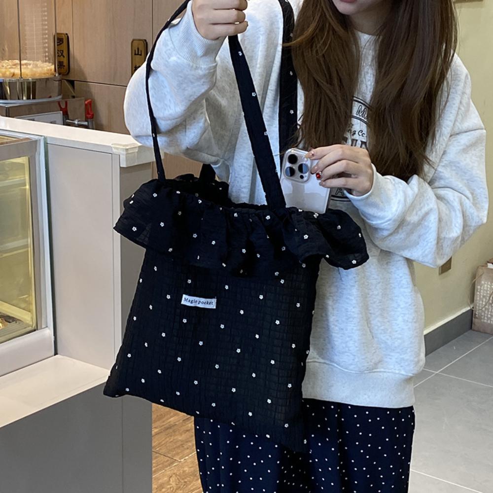 

Fashion Shoulder Bag Wave Point Chiffon Large Capacity Fairy Mesh Handbag Commuting Handbag Korean Style Tote Bag Women Vacation чорний