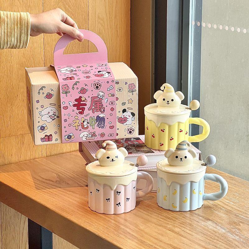 Cute cartoon yellow bear ceramic mug with lid spoon large capacity drinking cup birthday gift practical for girls
