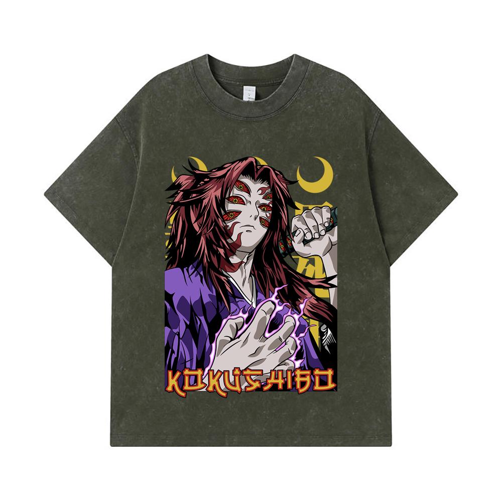 

275 GSM Washed T-shirts 100% Cotton Demon Slayer V105 Kokushibo Print Unisex Heavy Cotton T Shirt S