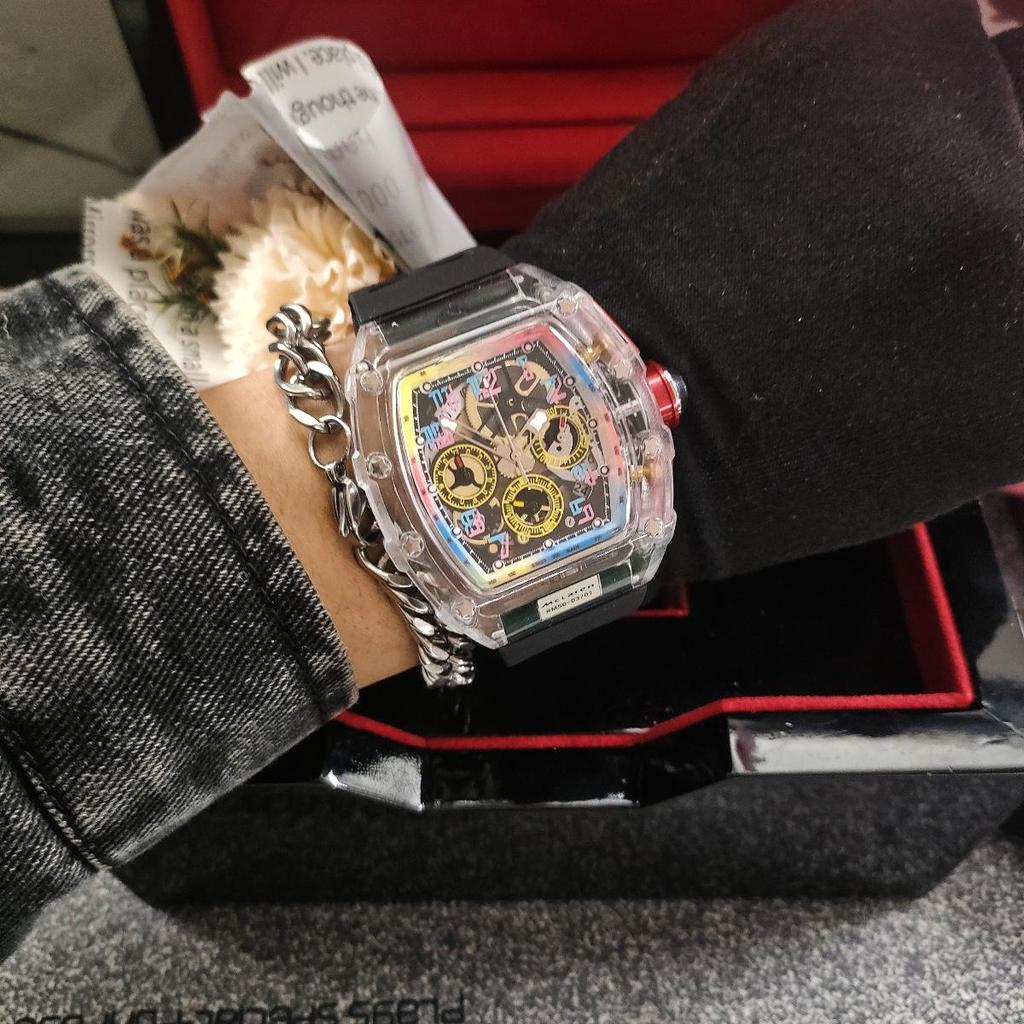 Colorful Transparent Multifunctional Chronograph Quartz Watch with Calendar and Tourbillon for Men and Women