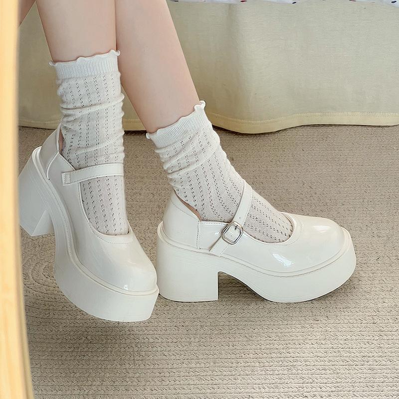 Coarse heel high heel small leather shoes women's spring new thick sole heightening retro Mary Jane single shoes round head