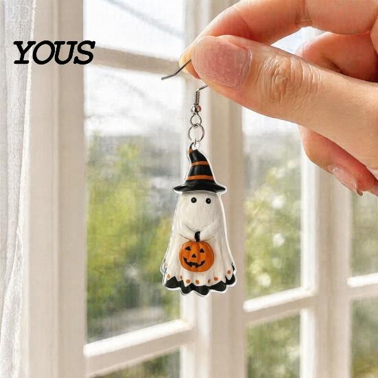 Witch Hat Earrings Cute Ghost Earrings, with Pumpkin Wizard Decor, Smooth Edge Halloween Drop Lightweight Acrylic Pendant Party Soft Painting