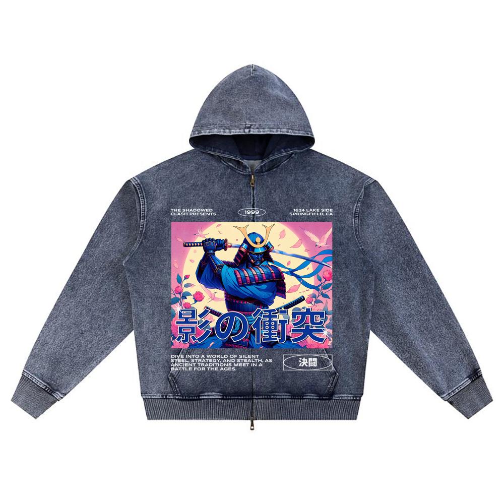 

Худи на молнии из вязаного денима с DTG-принтом, Япония, Самурай, Брат, Толстовки на молнии XL