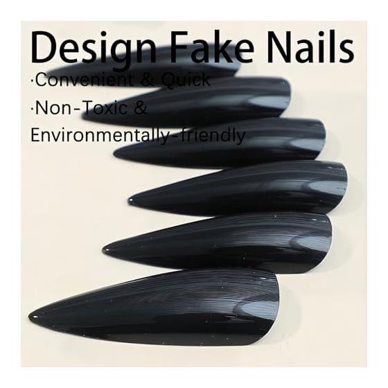 Nail Tips Black Long False Nails Gal Korean Cute Mine Type Handmade Black Simple Kogal Almond (Black 2, Long)