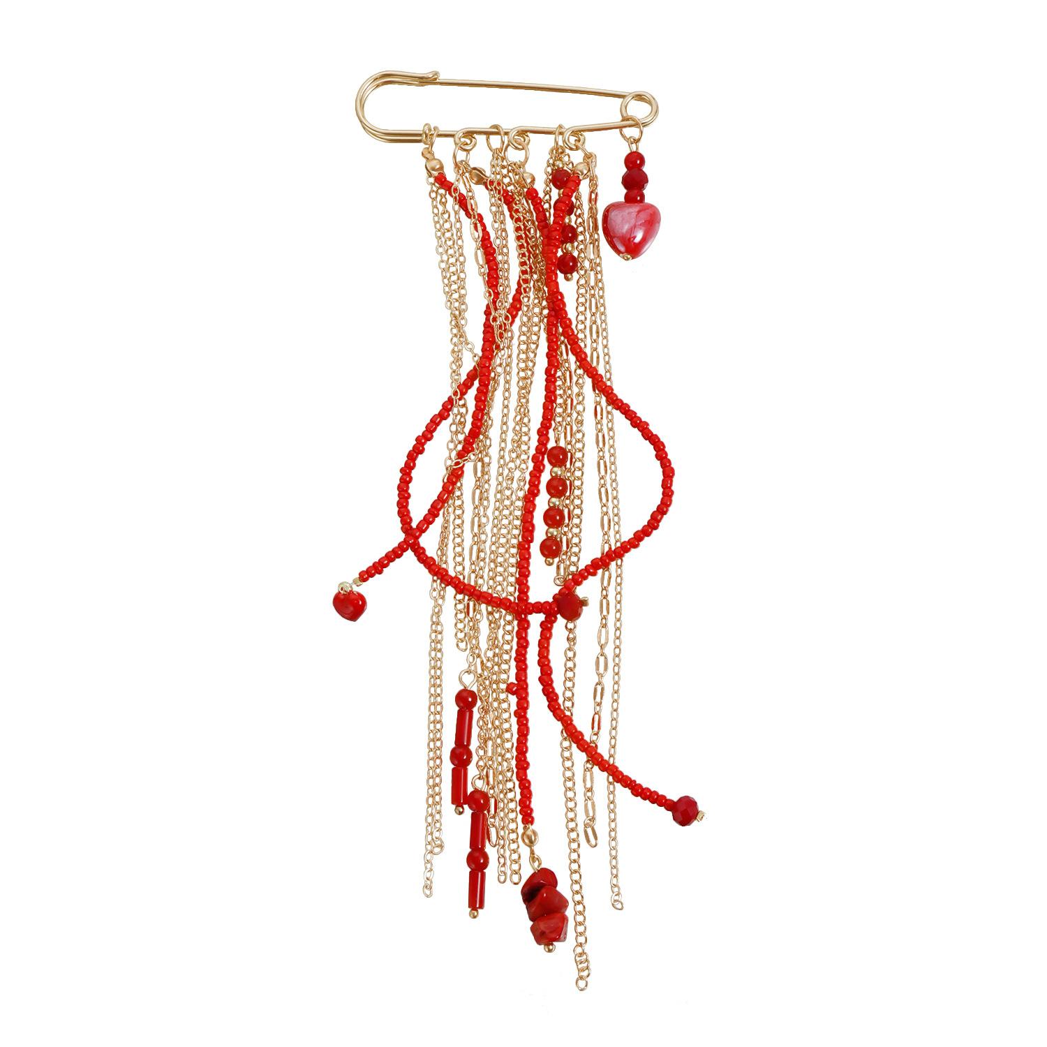 

Red Bead Tassel Brooch, Vintage Metal Chain Lapel Pin, Niche Design Suit Accessories 1