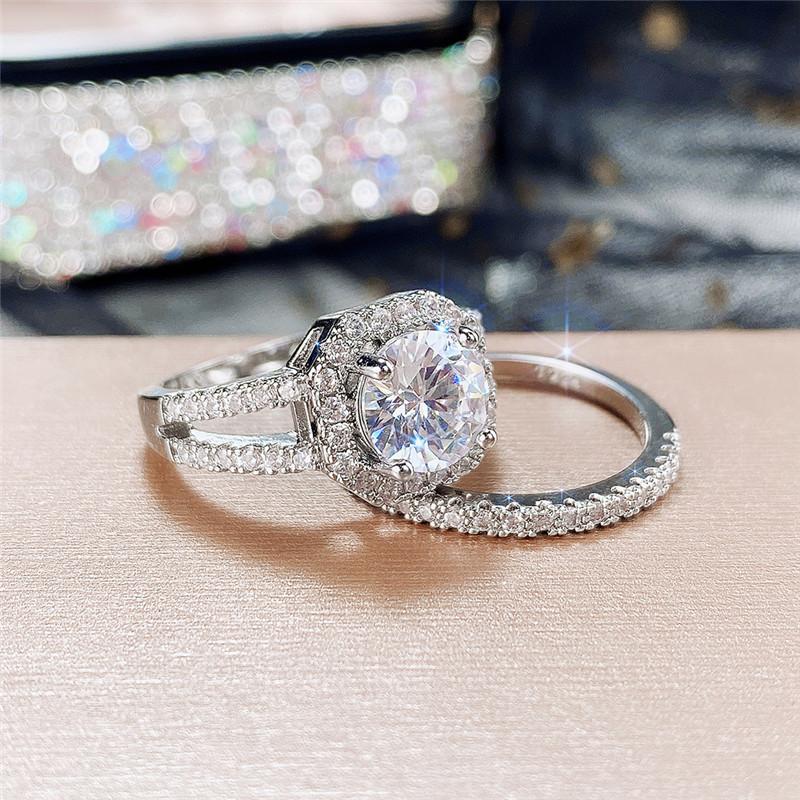 2pcs/set Aesthetic Engagement Rings Female Shiny Crystal CZ Chic Bridal Wedding Accessories Delicate Women's Jewelry Gift