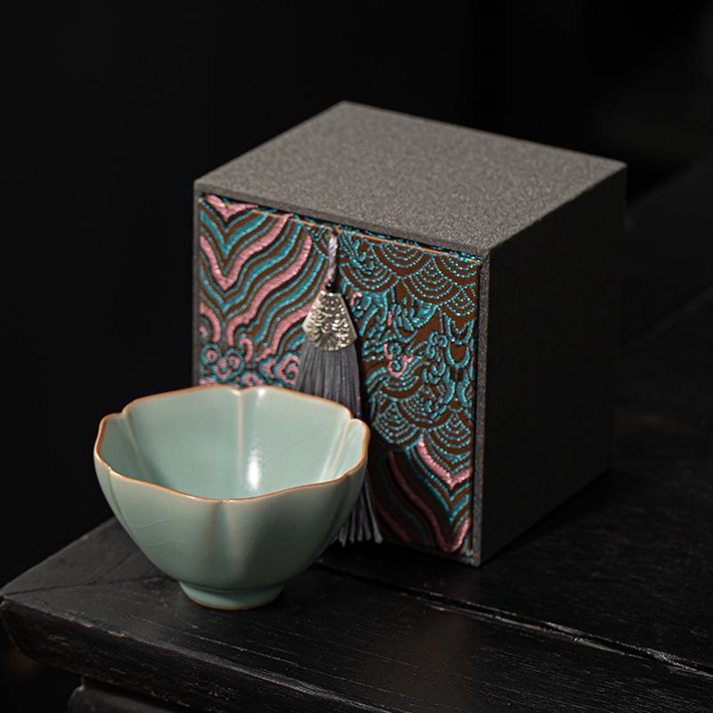 Ru Kiln Sky Blue Crackle Ceramic Tea Cup - Single Tea Tasting Bowl with High-End Gift Packaging