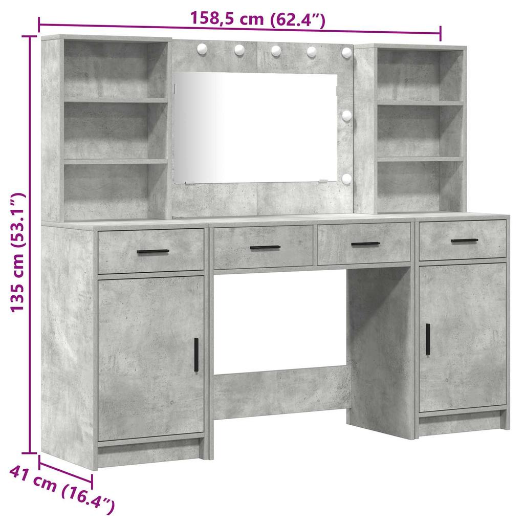 Schminktisch-Set mit LED-Spiegel und Schrank 3 Teile Betongrau Holzwerkstoff