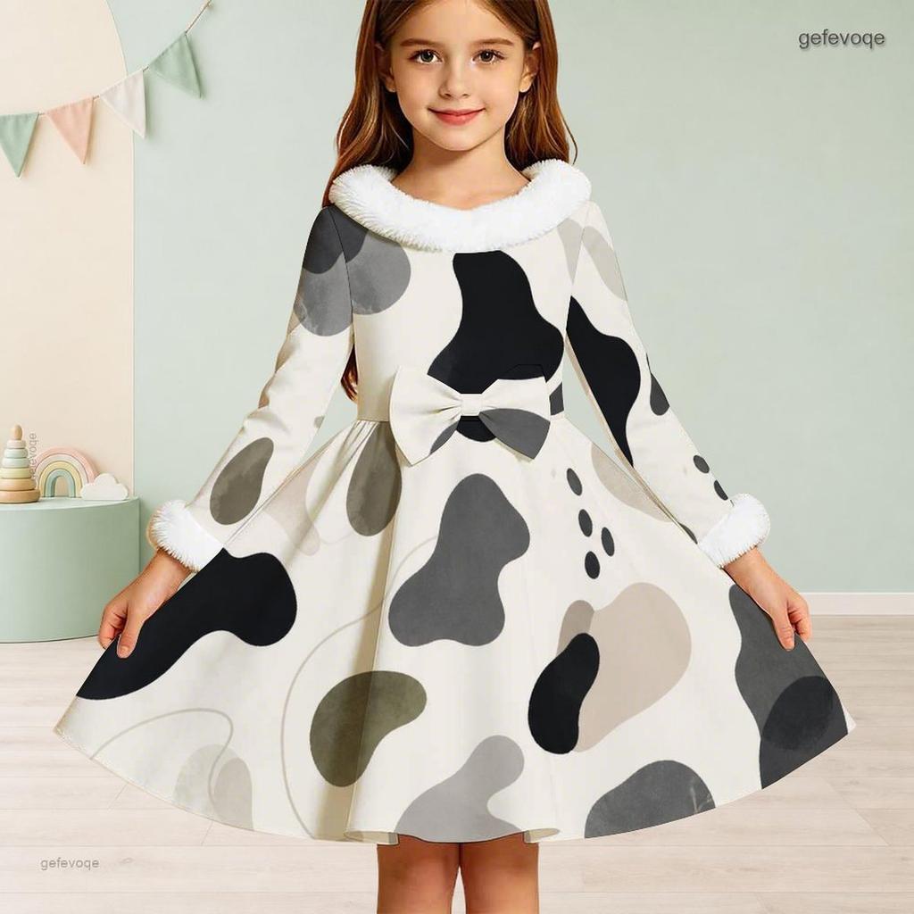 Girls Off White Printed Long Sleeve Fur Collar Bow A Line Flared Dress