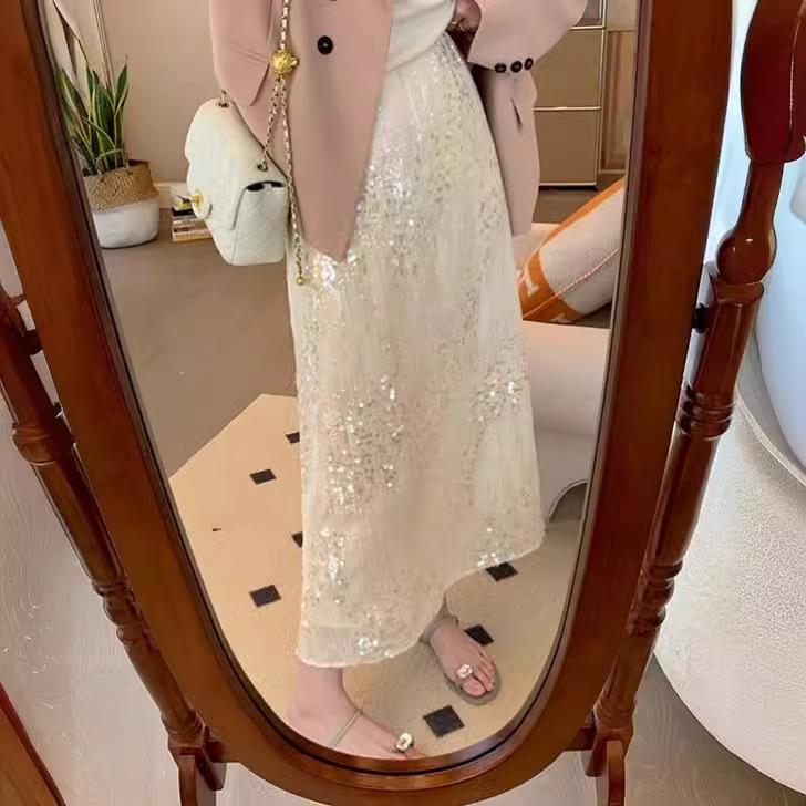 Damen Glitzer Schlank A-Linie Hohe Taille Mittellanger Rock für Damen