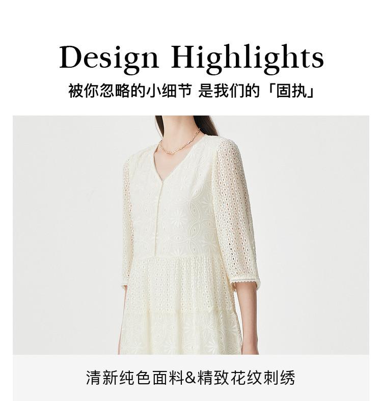 100% Mulberry Silk] Spring and Summer V-neck Elegant Hollow Embroidery Loose and Slimming Silk Dress for Women