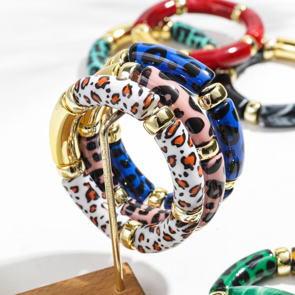 New Leopard Bamboo Tube Acrylic Bracelets for Women Men Retro Elastic Chunky Curved Resin Bracelet Bangle Stack Jewelry Gifts