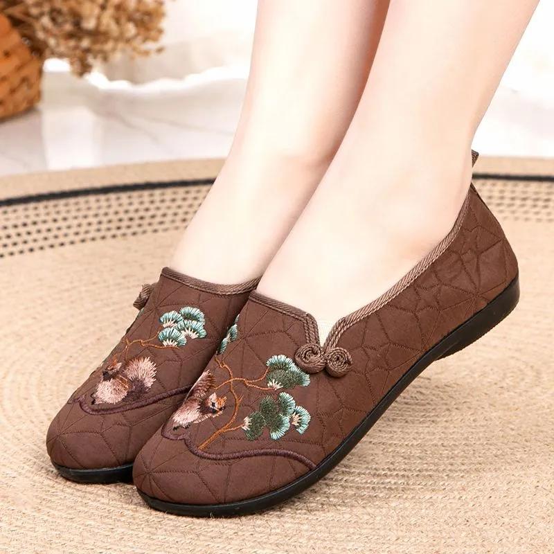 women fashion round toe beige high quality floral embroidery anti skid flat shoes lady cool comfort brown shoes ab491