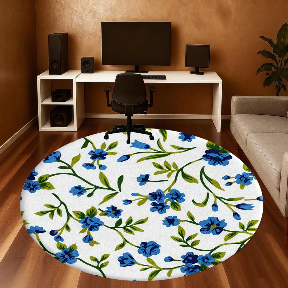 1pc Floral Pattern Blue Flowers Round Chair mat office Area Rug - Non-Slip, Floor Mat for Office, Bedroom, Ideal home decor gift p0105081